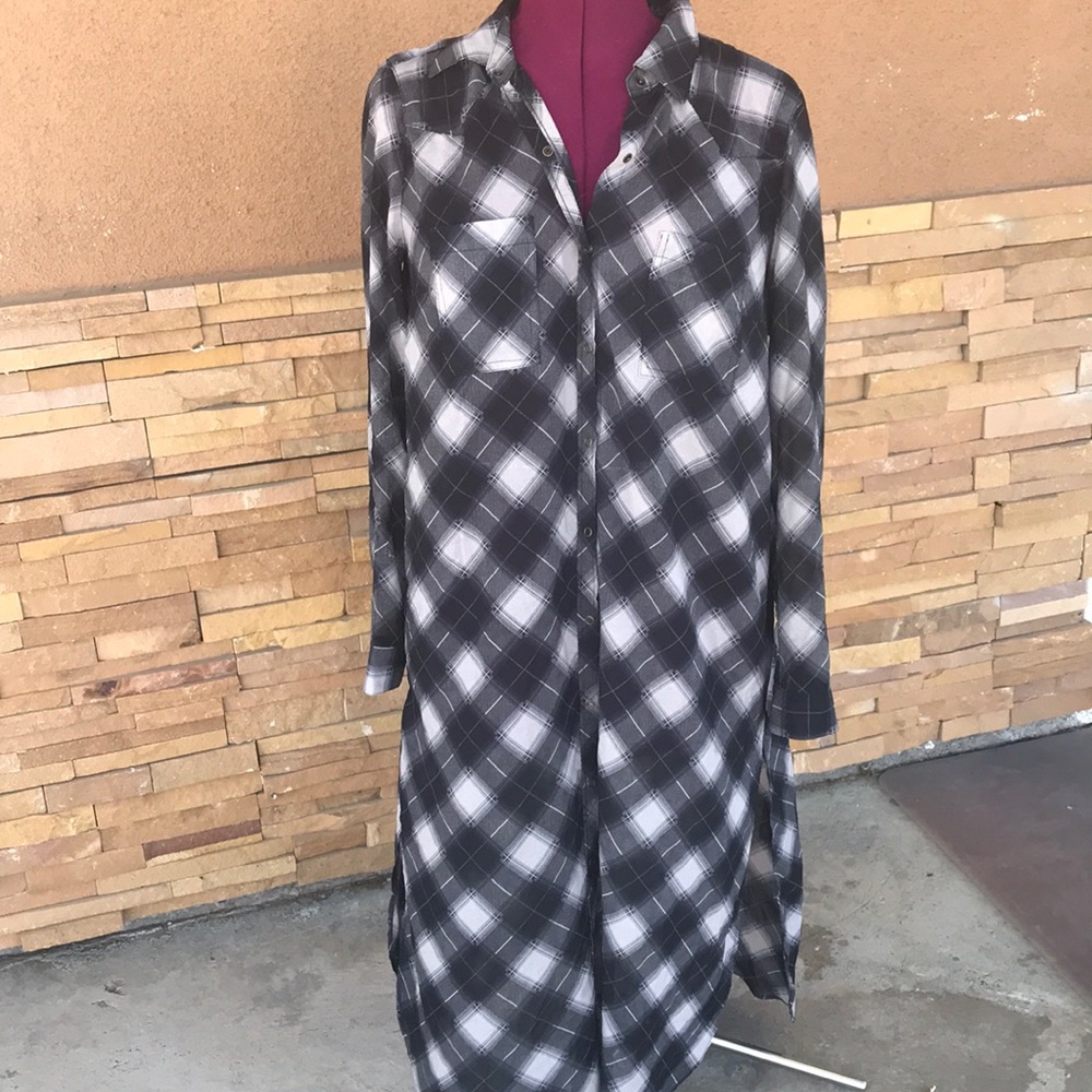 Free People Black and White Plaid Midi Shirt Dress